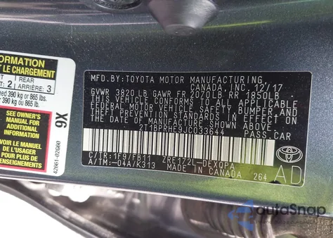 2018 Toyota Corolla Le Eco из США, поврежденный, VIN 2T1BPRHE9JC033644